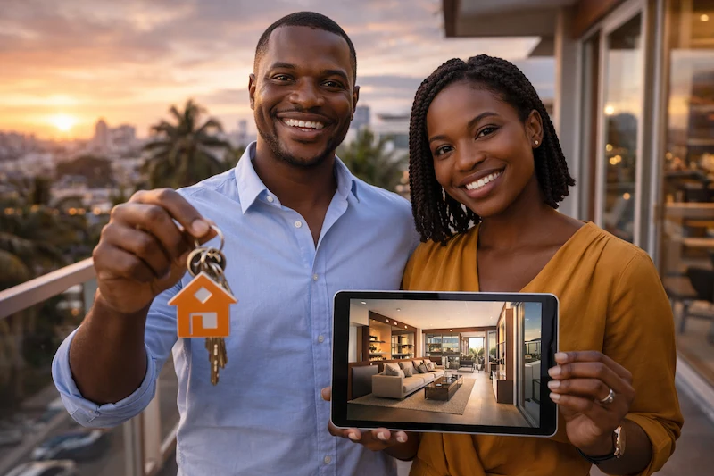 Couple sur un balcon au coucher du soleil- louer leur appartement abidjan -Appartloc CI 1