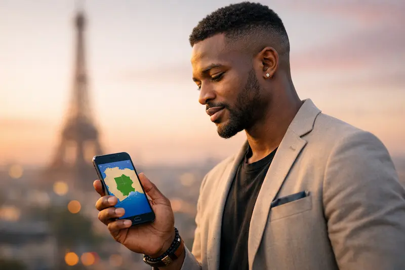 Ivoirien de la diaspora regardant son téléphone pour un projet immobilier en Côte d'Ivoire.