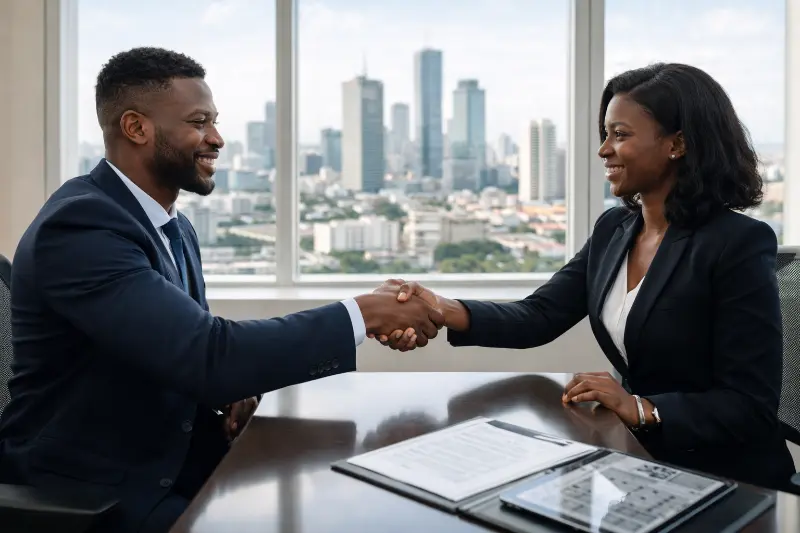 Agent immobilier agréé et propriétaire signant un contrat de location sécurisé