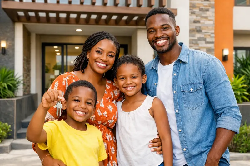 Famille ivoirienne souriante devant leur nouvel appartement à Abidjan.